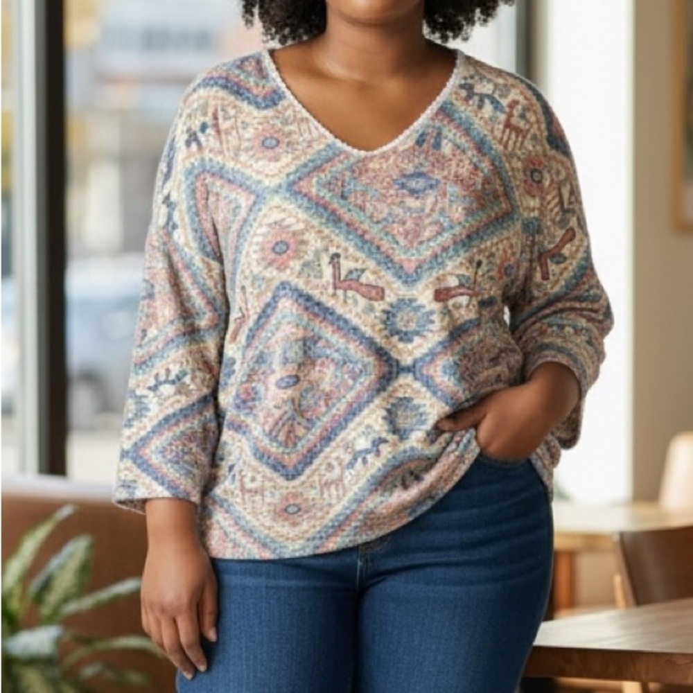 VINTAGE southwest Aztec tribal boho print cotton blend sweater Plus size 26